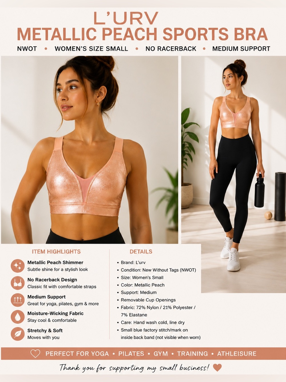 NWOT L'urv Metallic Peach Shimmer Sports Bra Women's Size Small